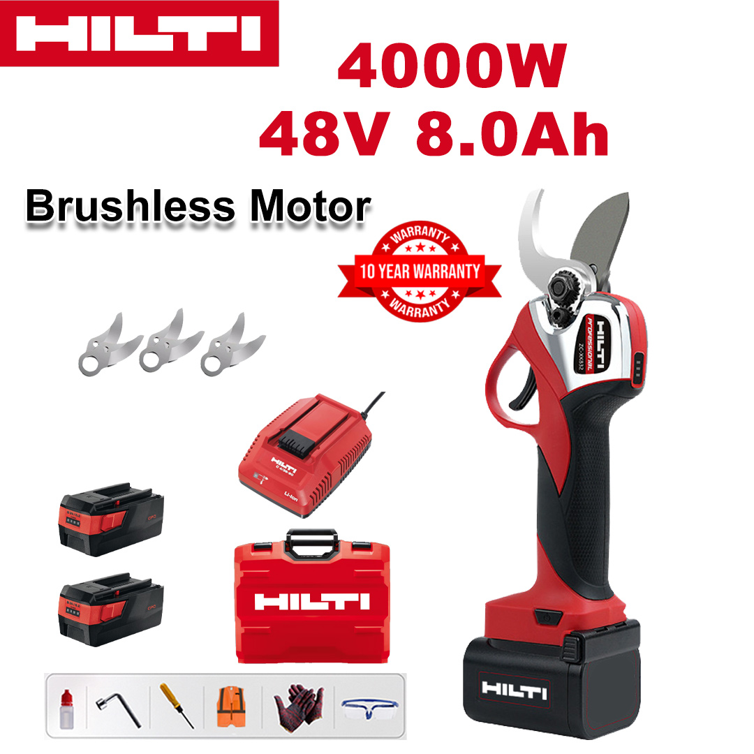 4000W brushless lithium battery pruning shears + 48V8Ah battery * 2 + sk9 alloy blade * 3 + charger + LED power display + tool box + lubricating oil + goggles + 10-year warranty