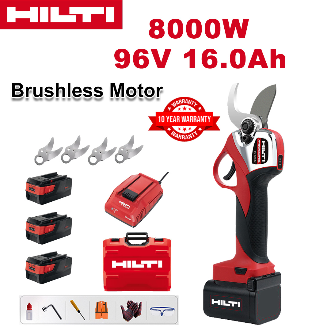 8000W brushless lithium battery pruning shears + 96V16Ah battery * 3 + sk9 alloy blade * 4 + charger + LED power display + tool box + lubricating oil + goggles + 10-year warranty